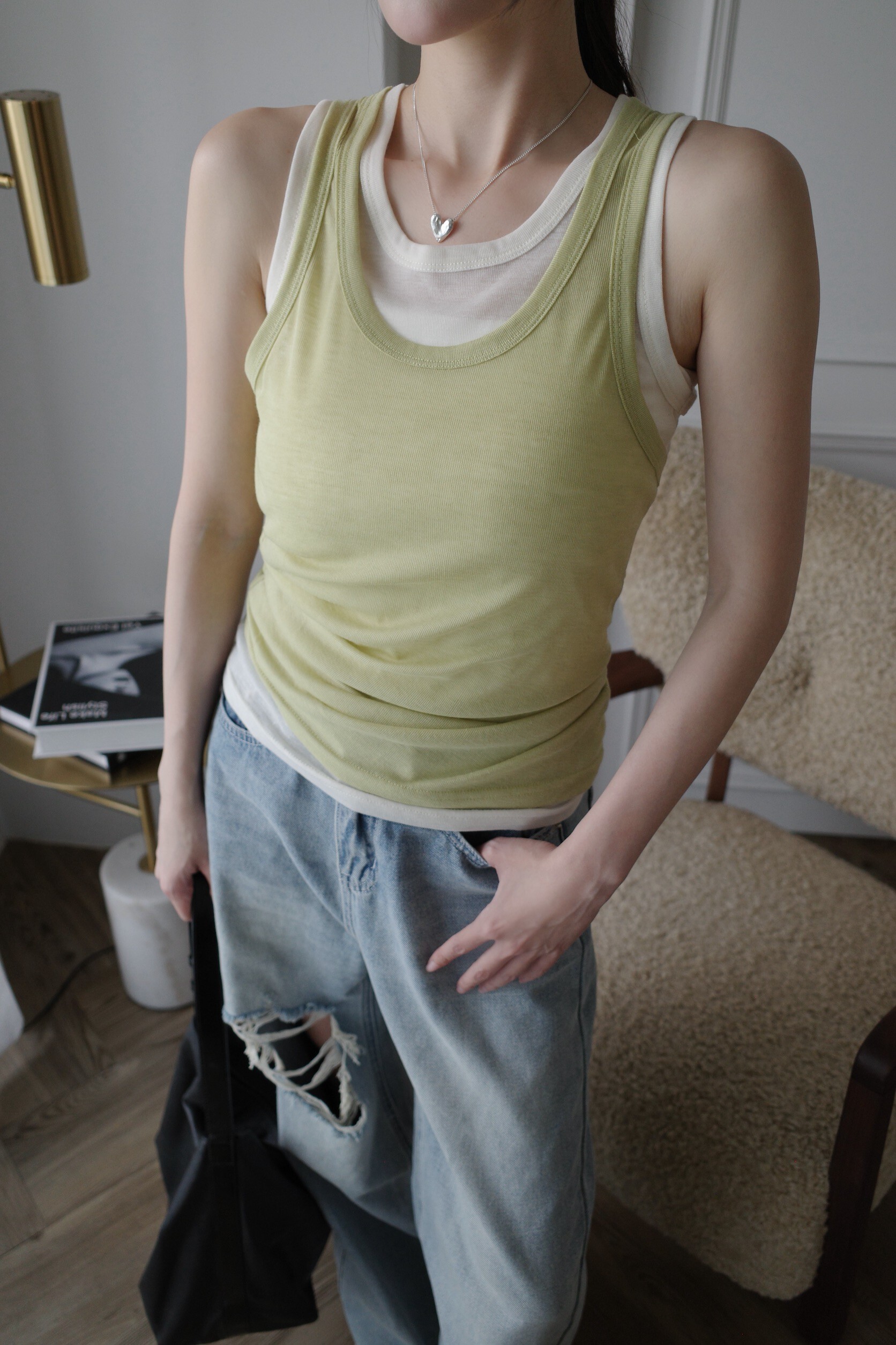 (預購)#AN36 假兩件側抓皺天絲背心(黑/淺紫/黃/深藍/卡其)