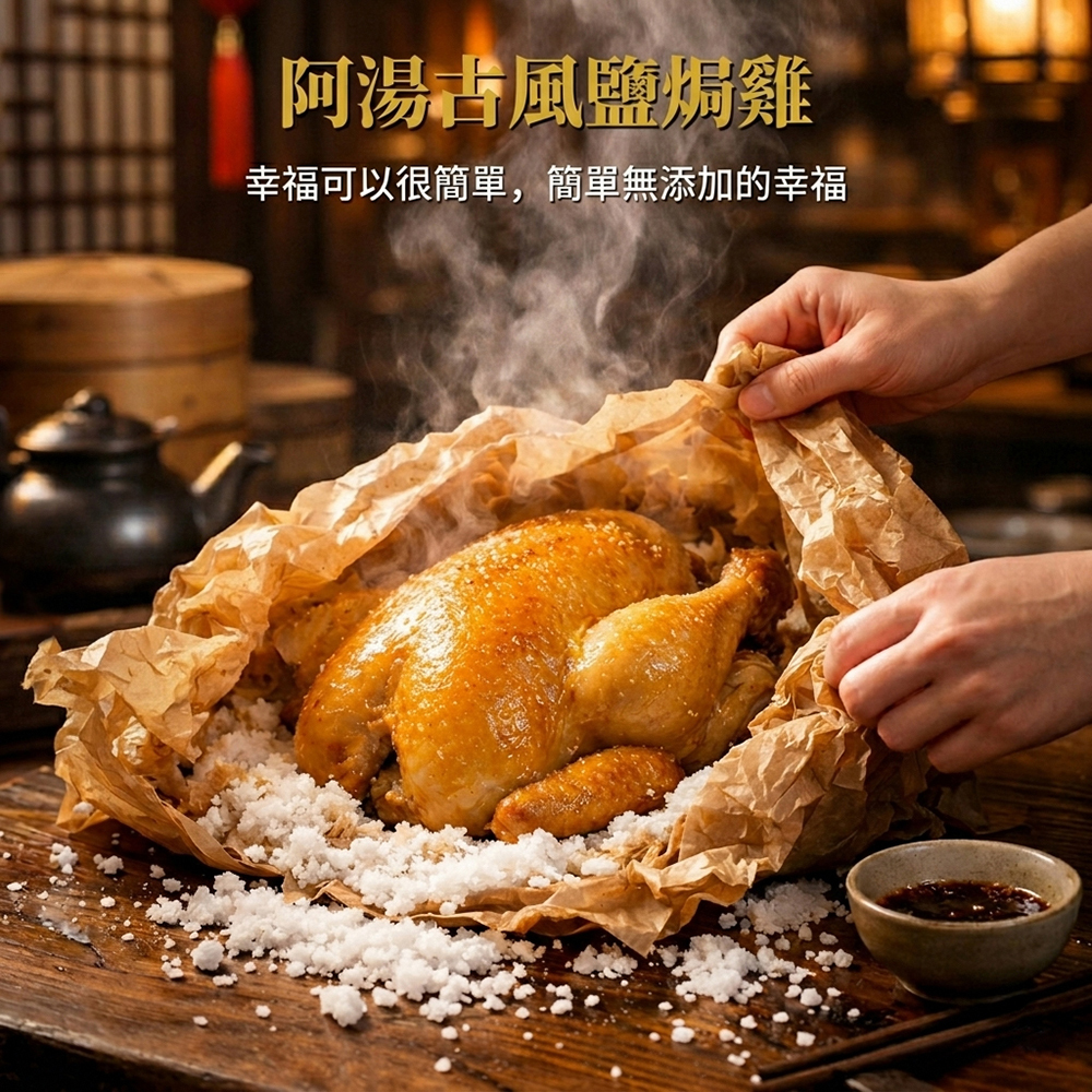 【 阿湯古風鹽焗雞 】 傳統鹽焗工法｜整隻入味｜解凍即食 | 加熱更香