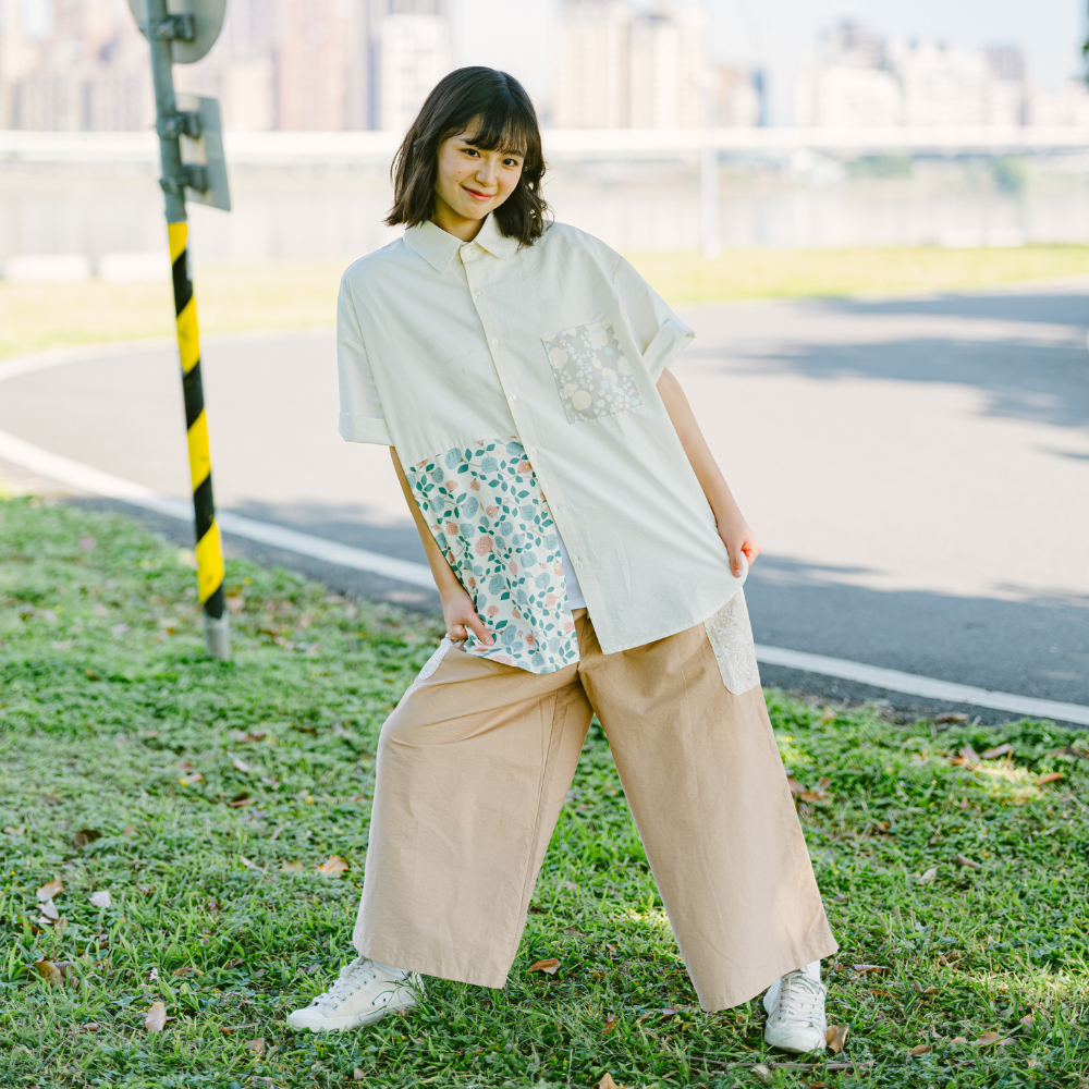 印花樂短袖拼接襯衫/滿天花花/雲朵白