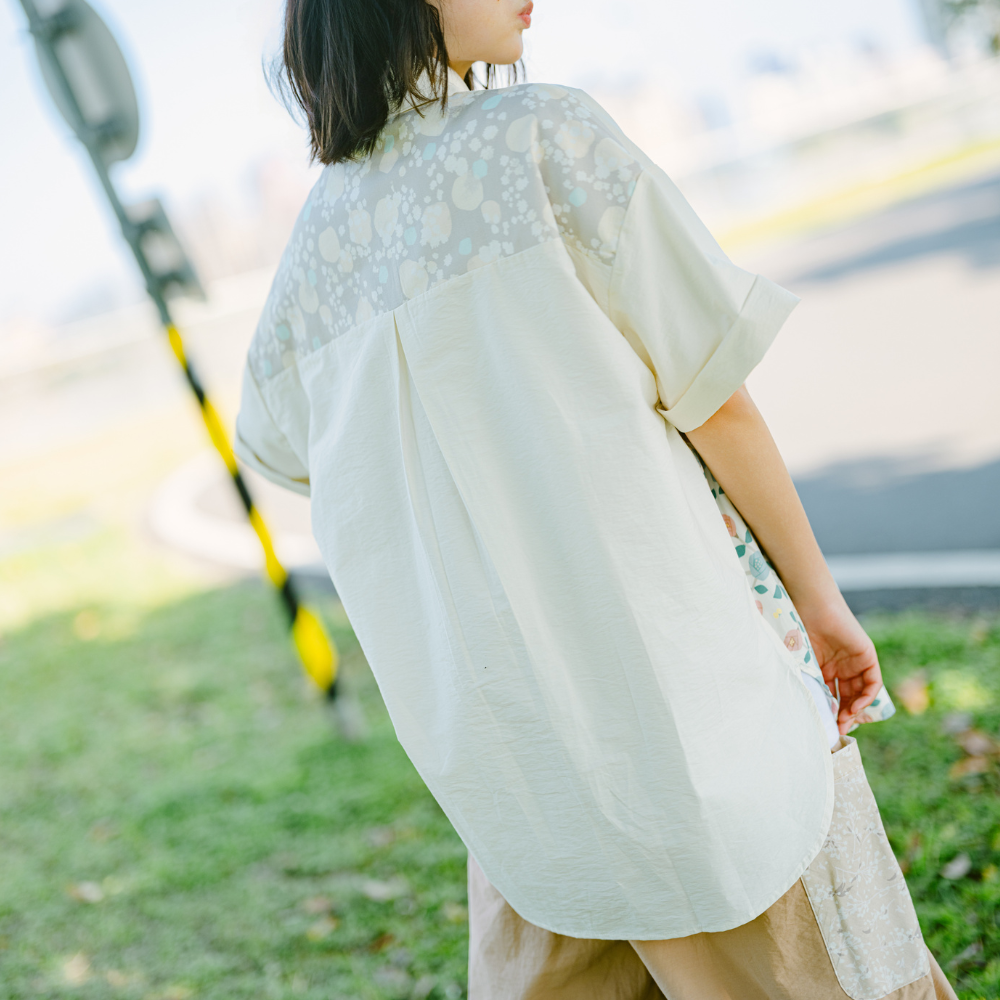 印花樂短袖拼接襯衫/滿天花花/雲朵白