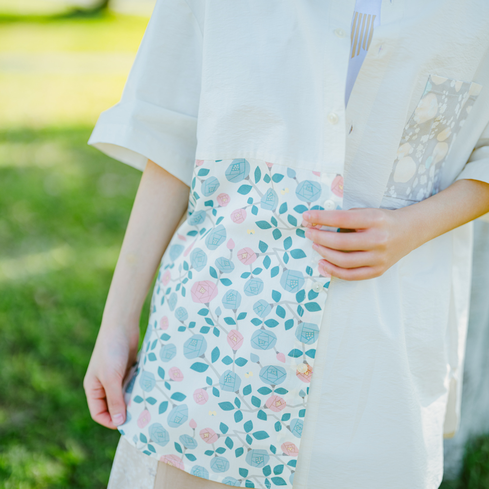 印花樂短袖拼接襯衫/滿天花花/雲朵白