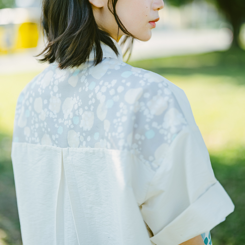 印花樂短袖拼接襯衫/滿天花花/雲朵白