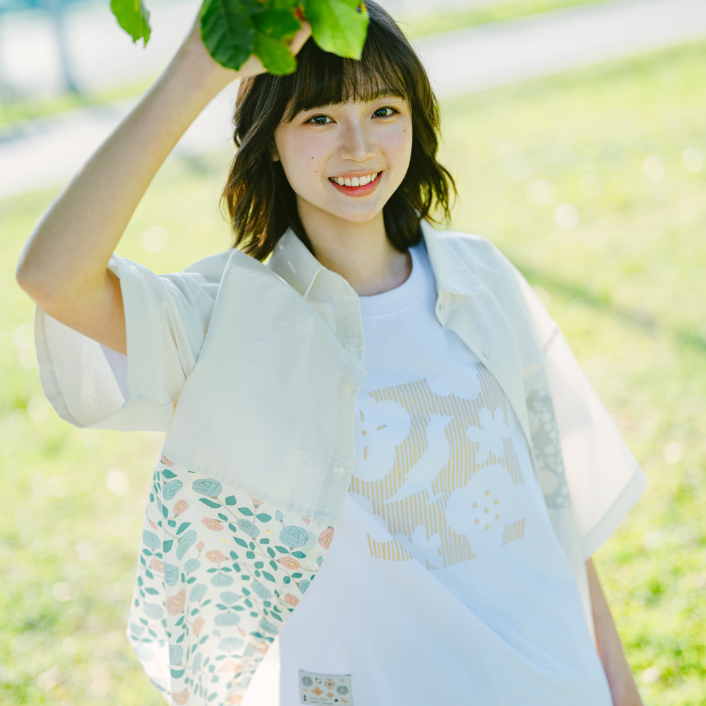 印花樂短袖拼接襯衫/滿天花花/雲朵白