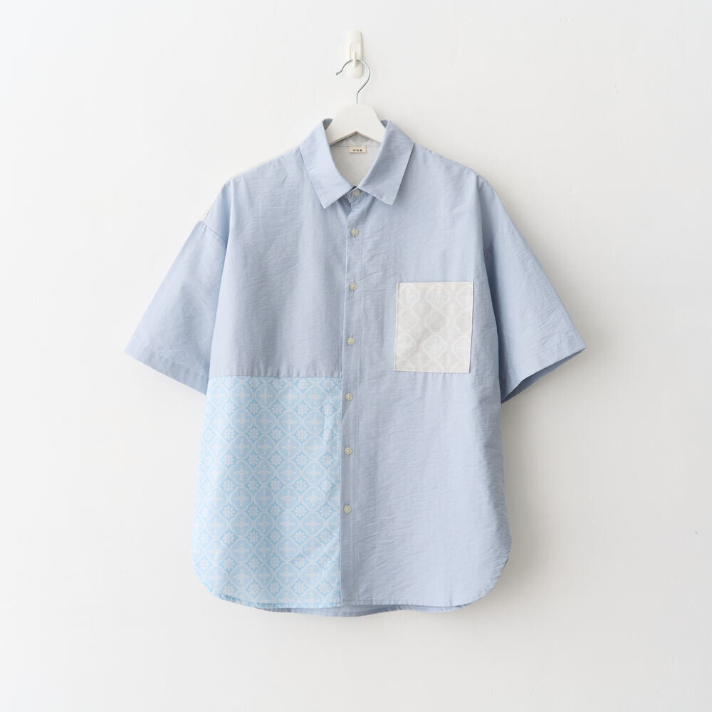 短袖拼接襯衫/玻璃海棠/晴天藍