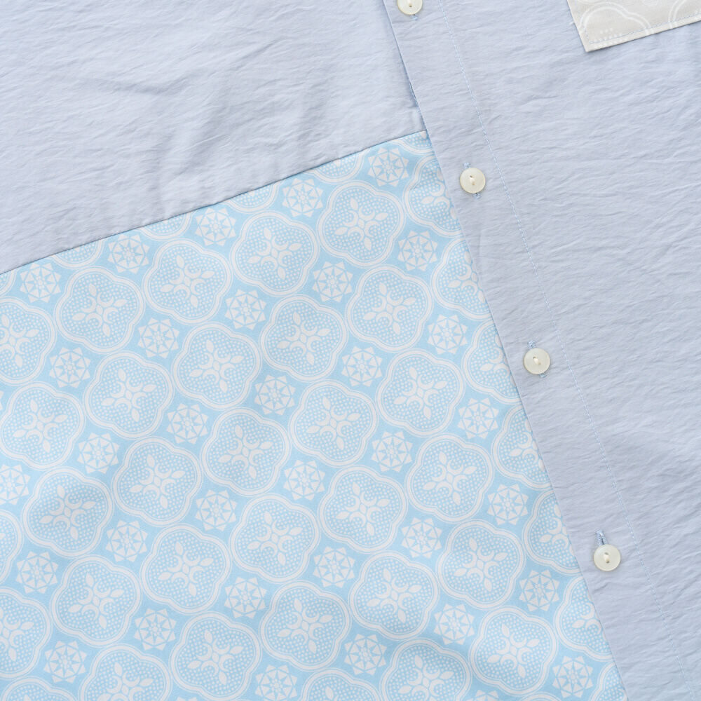 印花樂短袖拼接襯衫/玻璃海棠/晴天藍