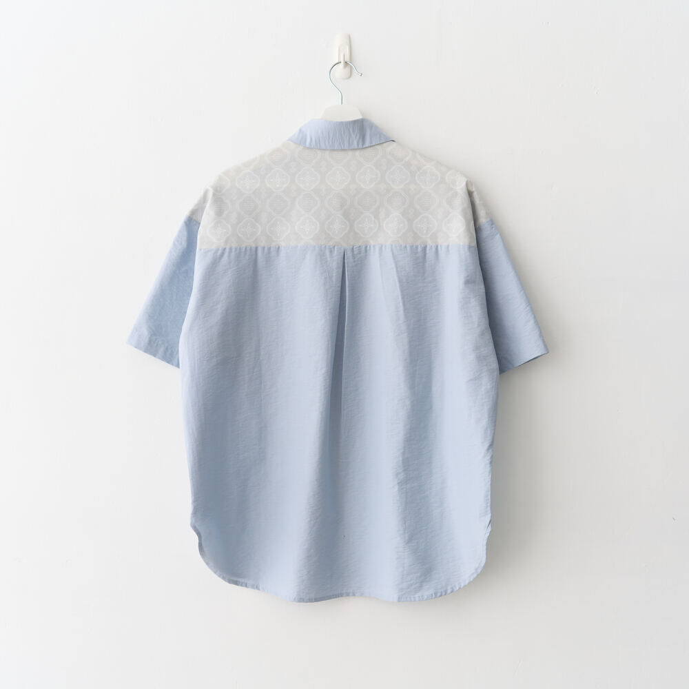 印花樂短袖拼接襯衫/玻璃海棠/晴天藍