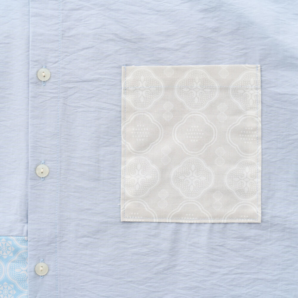 印花樂短袖拼接襯衫/玻璃海棠/晴天藍