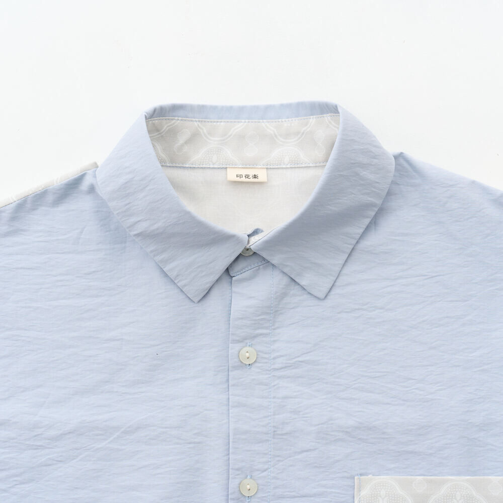 印花樂短袖拼接襯衫/玻璃海棠/晴天藍