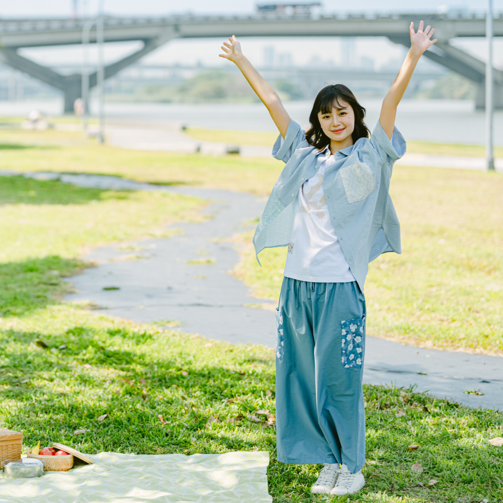 印花樂短袖拼接襯衫/玻璃海棠/晴天藍