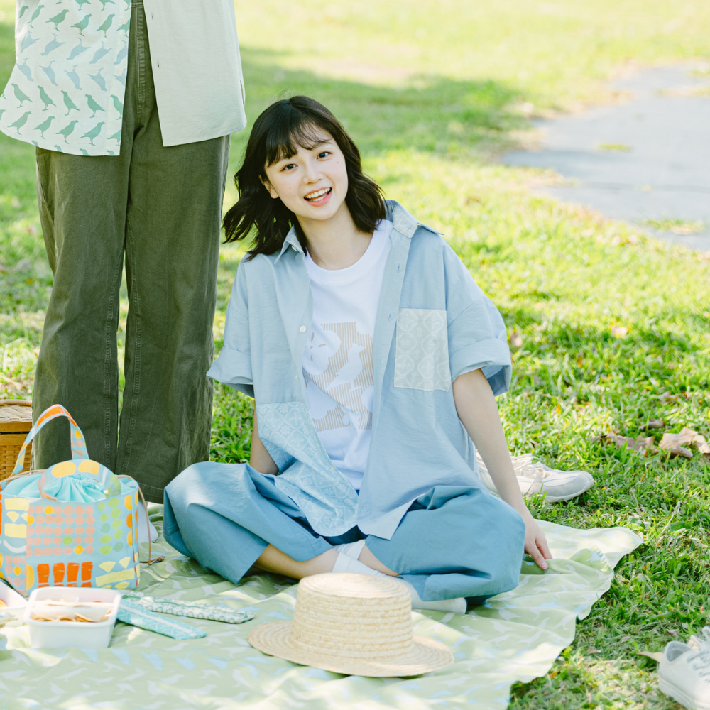 印花樂短袖拼接襯衫/玻璃海棠/晴天藍