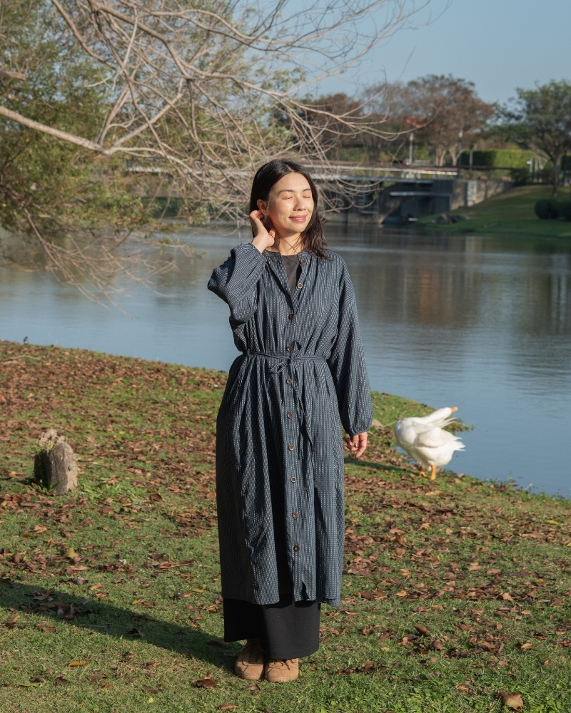 印度蓋染工藝純棉 長袖長版洋裝/罩衫 - 深海藍