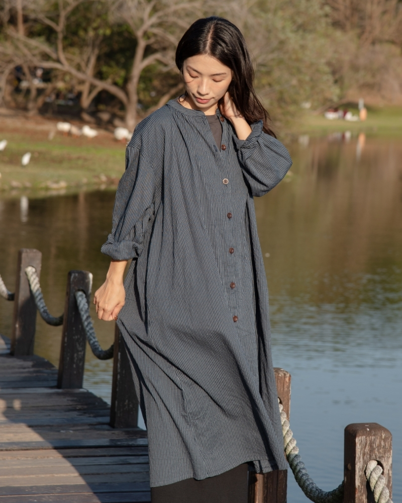 印度蓋染工藝純棉 長袖長版洋裝/罩衫 - 深海藍