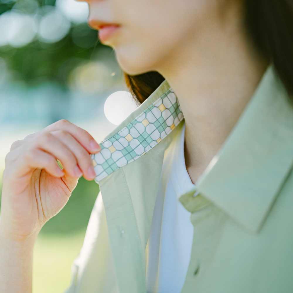 印花樂短袖拼接襯衫/台灣八哥/清爽綠