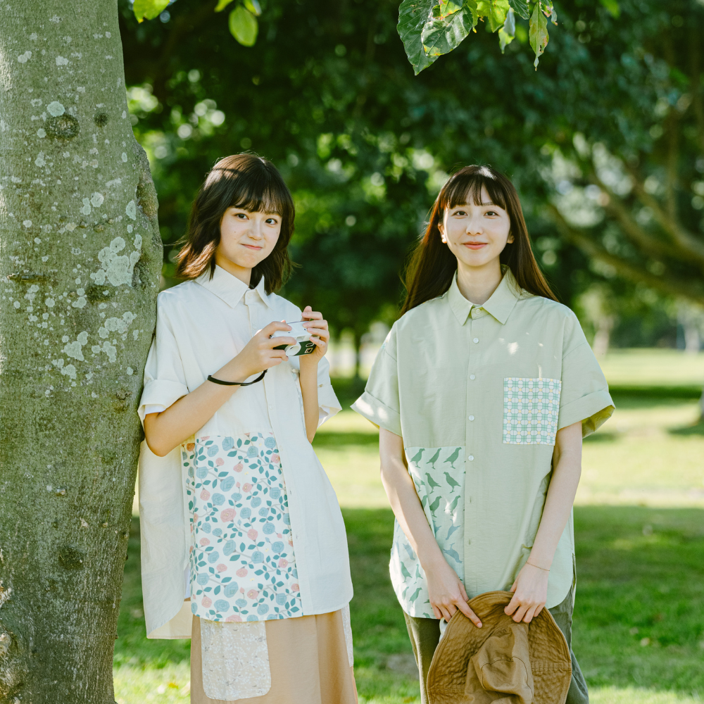 印花樂短袖拼接襯衫/台灣八哥/清爽綠