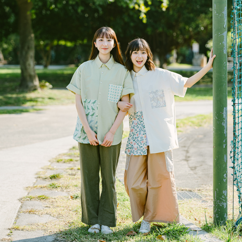 印花樂短袖拼接襯衫/台灣八哥/清爽綠