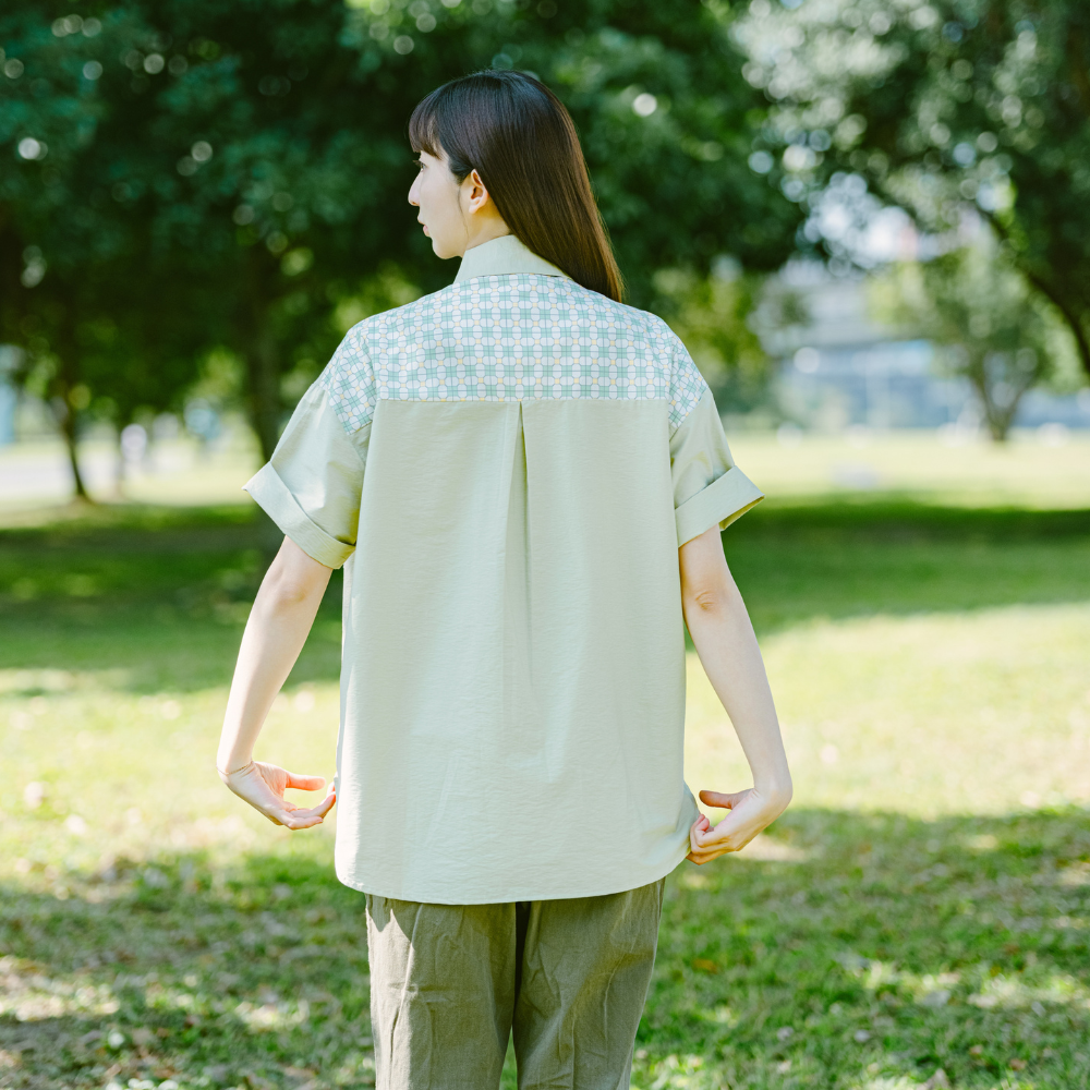 印花樂短袖拼接襯衫/台灣八哥/清爽綠