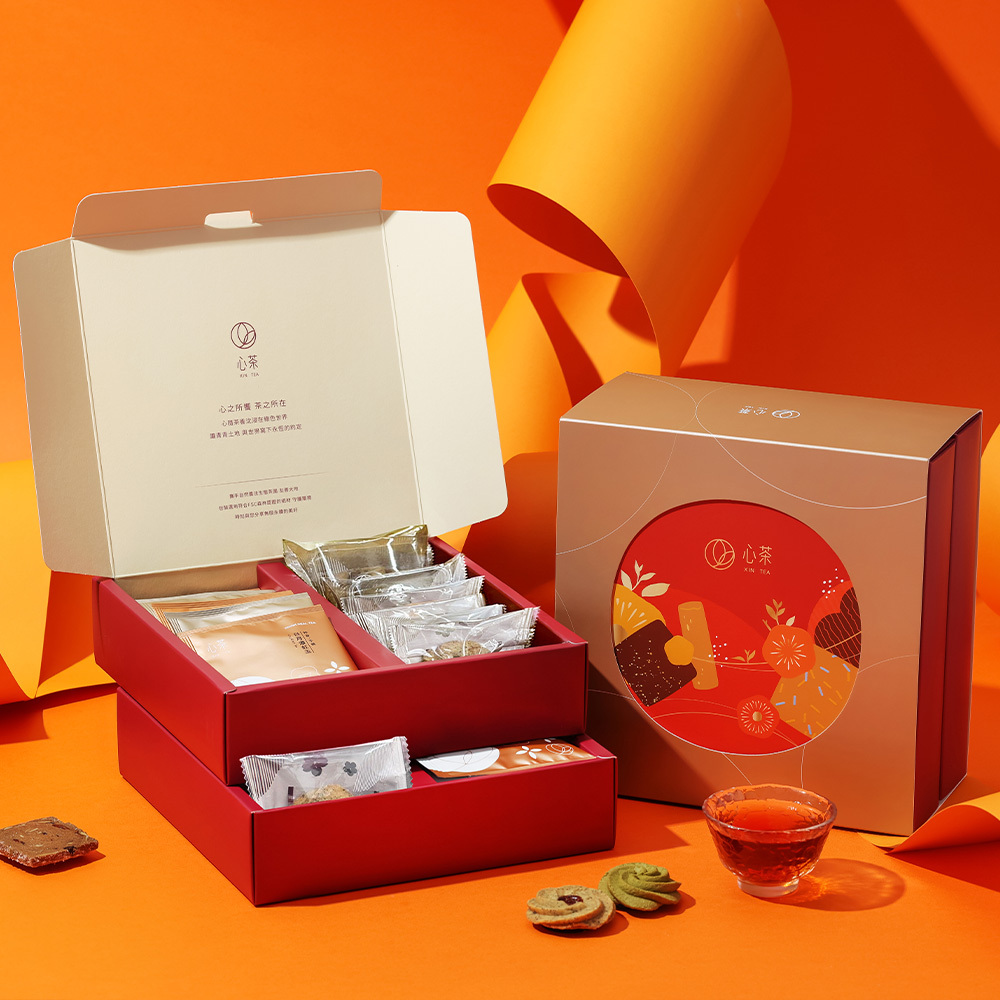 【 茗心芬芳 】雙層燙金禮盒-茶點x茶包22入/茶點24入
