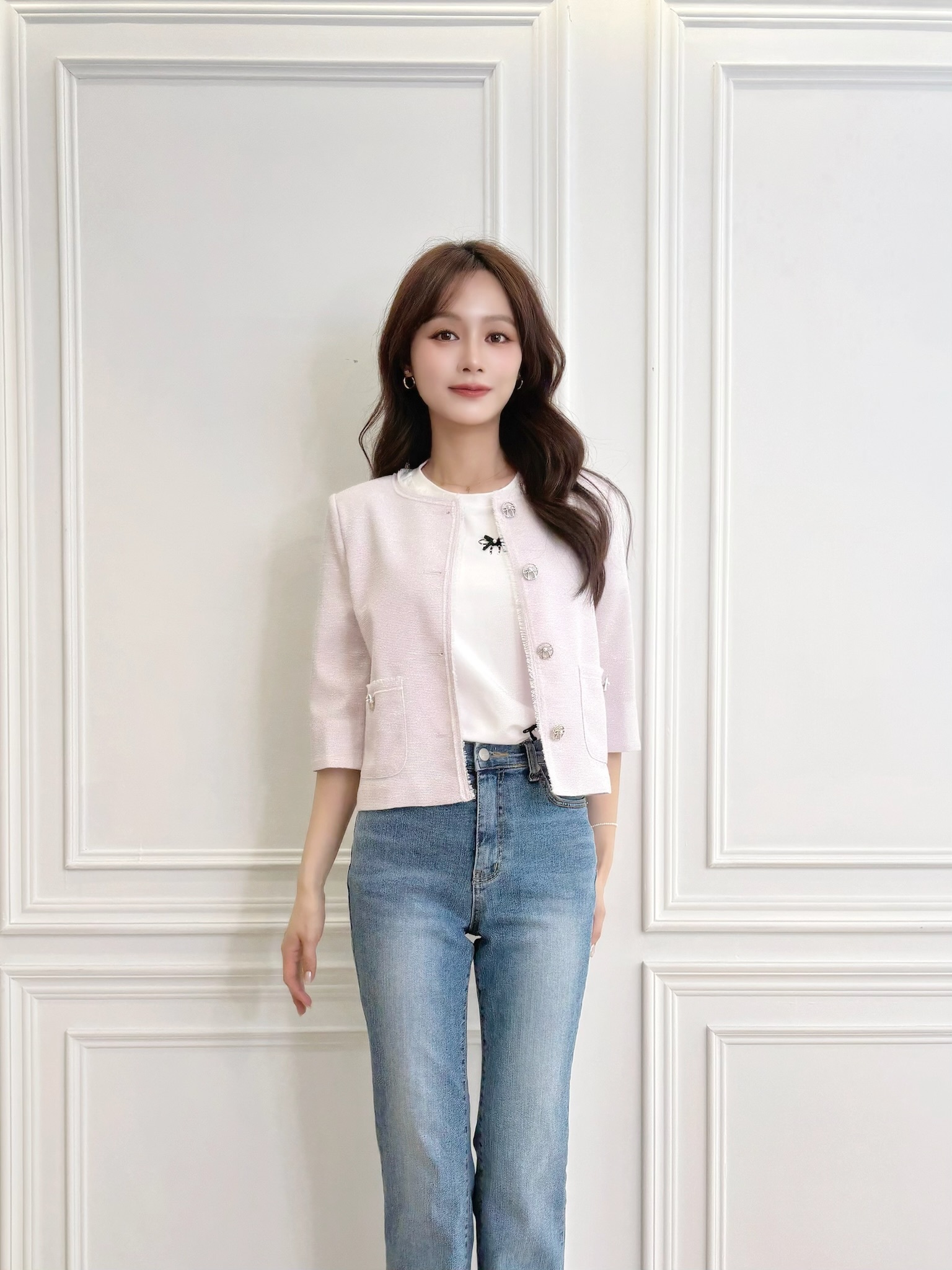 小香風抽鬚織紋短袖外套