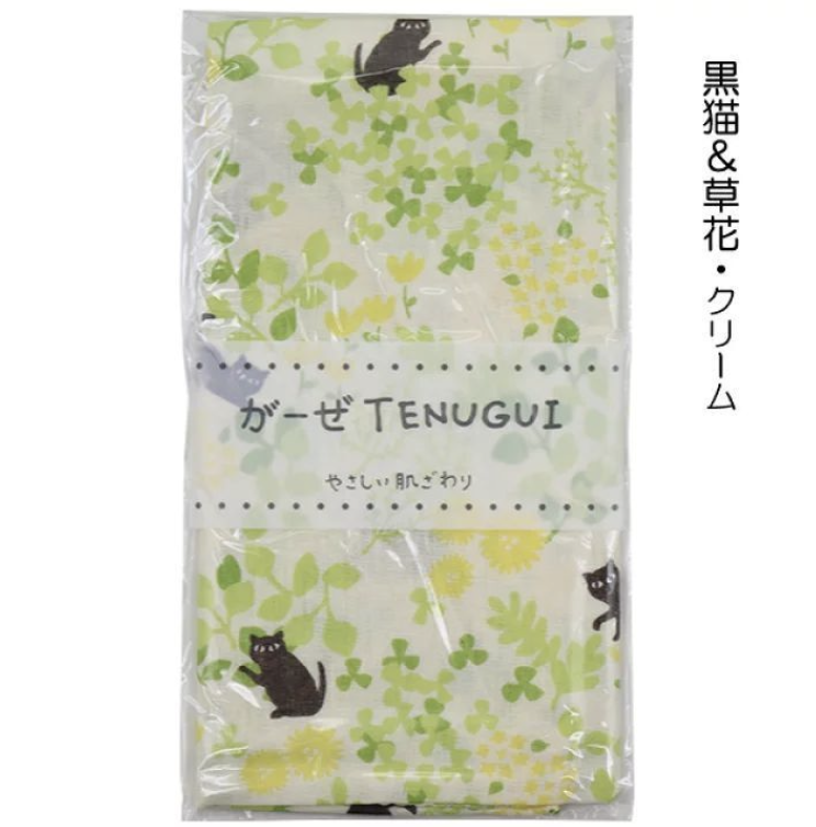 日本製 Tenugui 純棉二重紗巾 長面巾 約35x90cm-黑貓