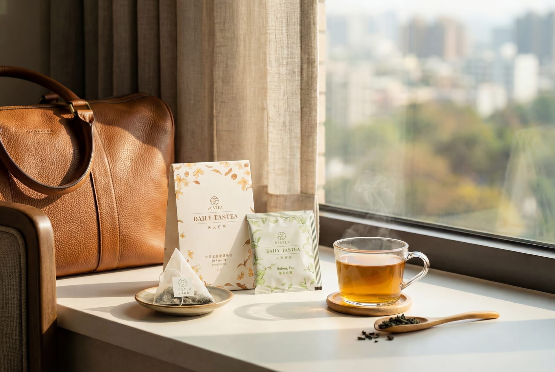 台灣高山茶小包裝放置於旅行行李旁