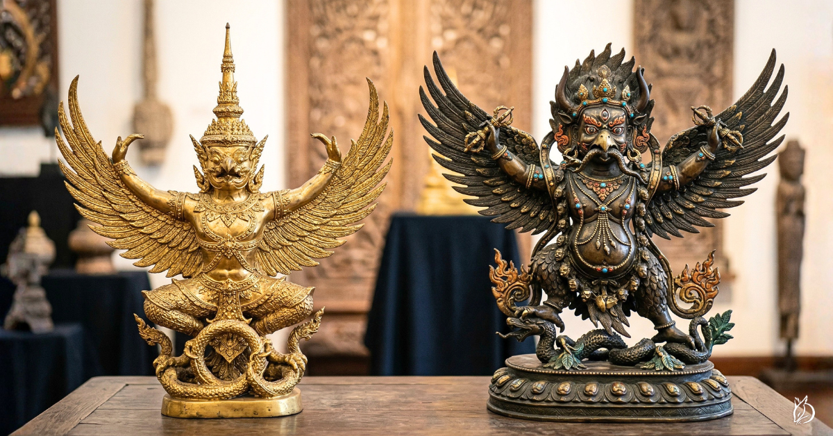 泰國皇家尖頂寶冠的金翅鳥與藏傳牛角三目金翅鳥。