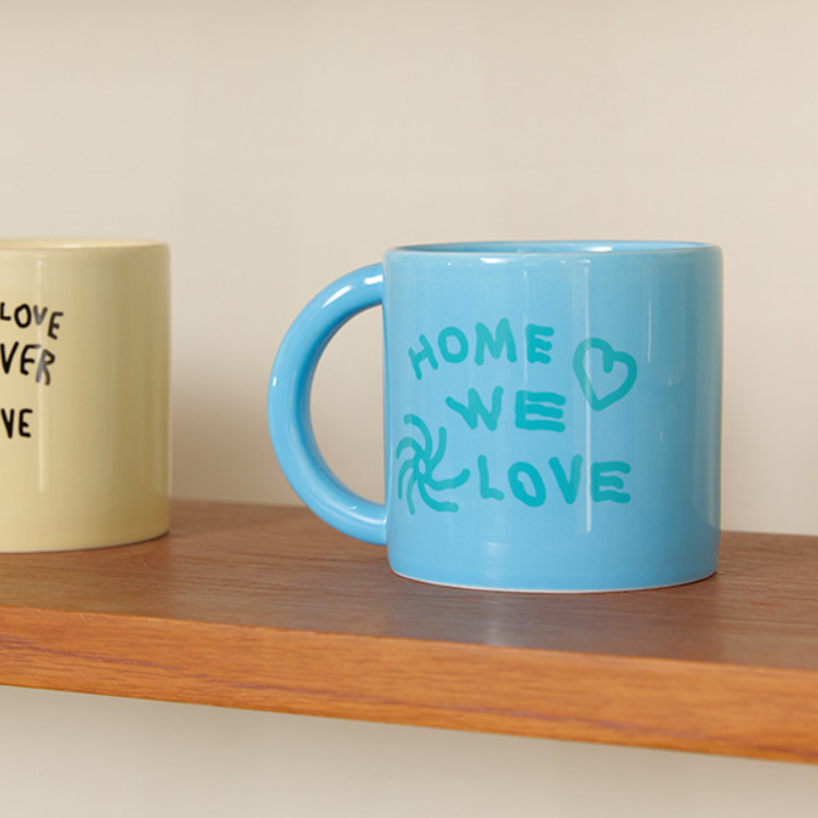 韓國 ooowl 日常塗鴉馬克杯 HOME WE LOVE 藍色