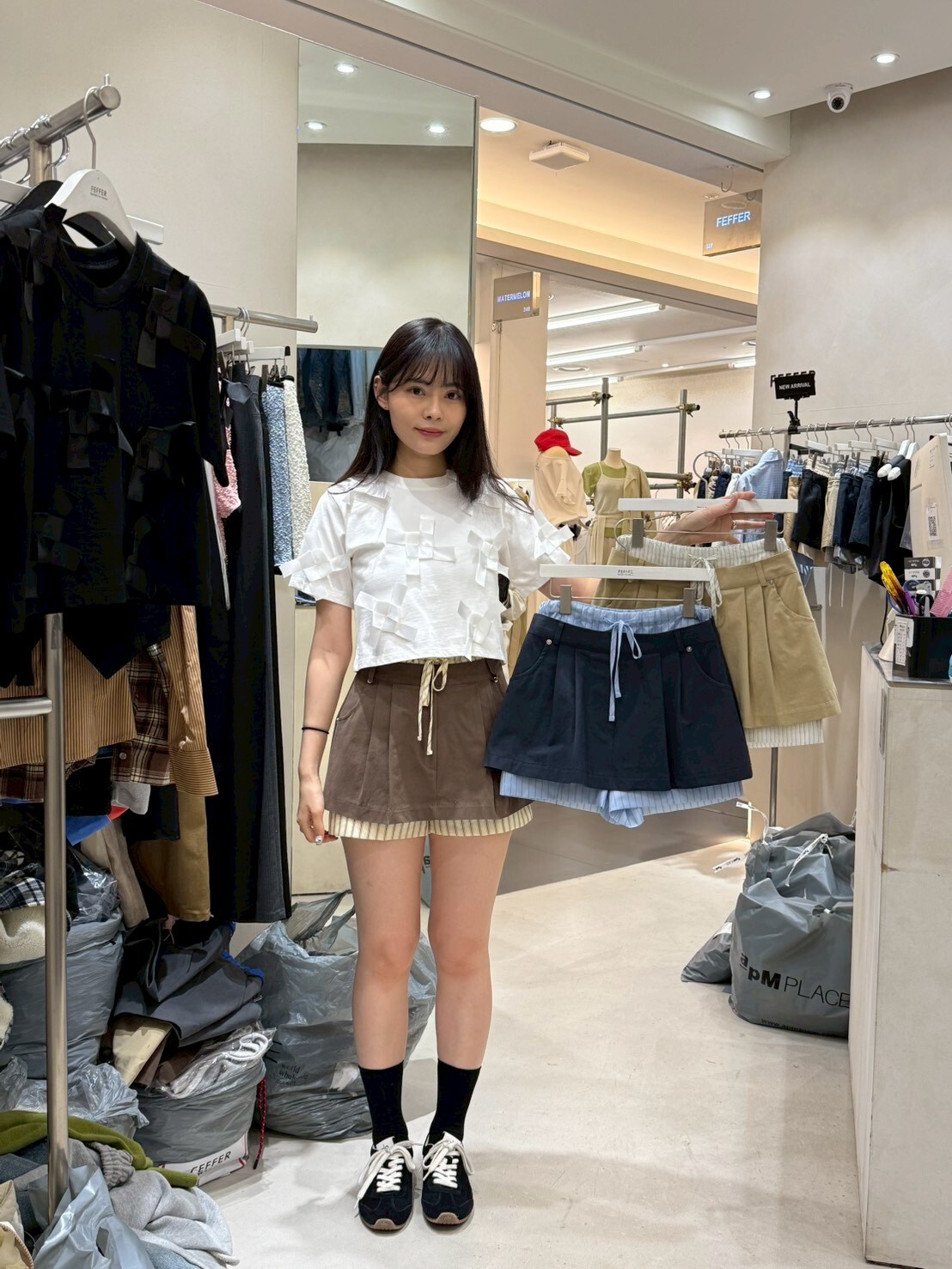 FF6014 隨性直紋短褲拼壓褶短裙