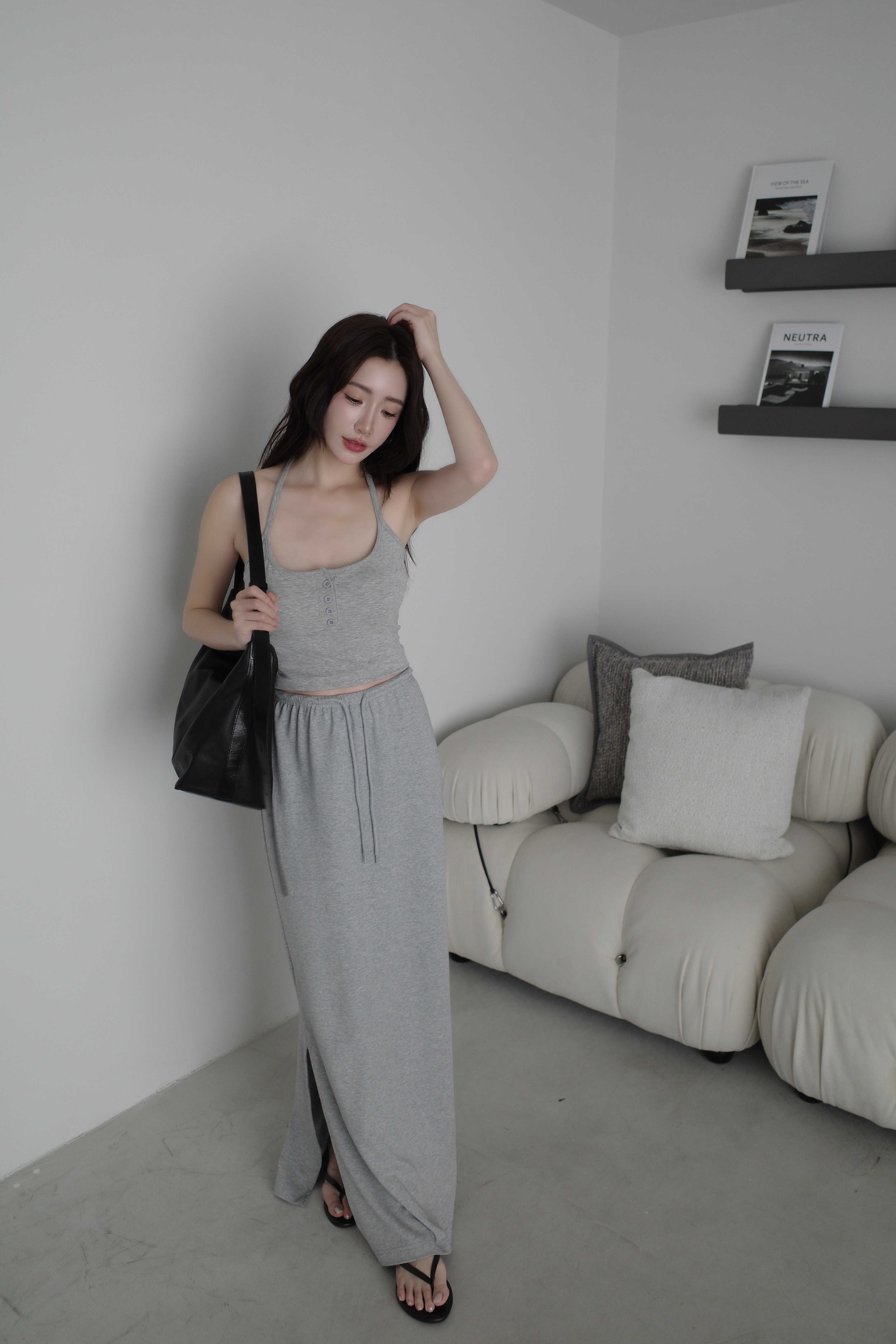 (預購)#AN59 側開岔抽繩長裙(黑/花灰)