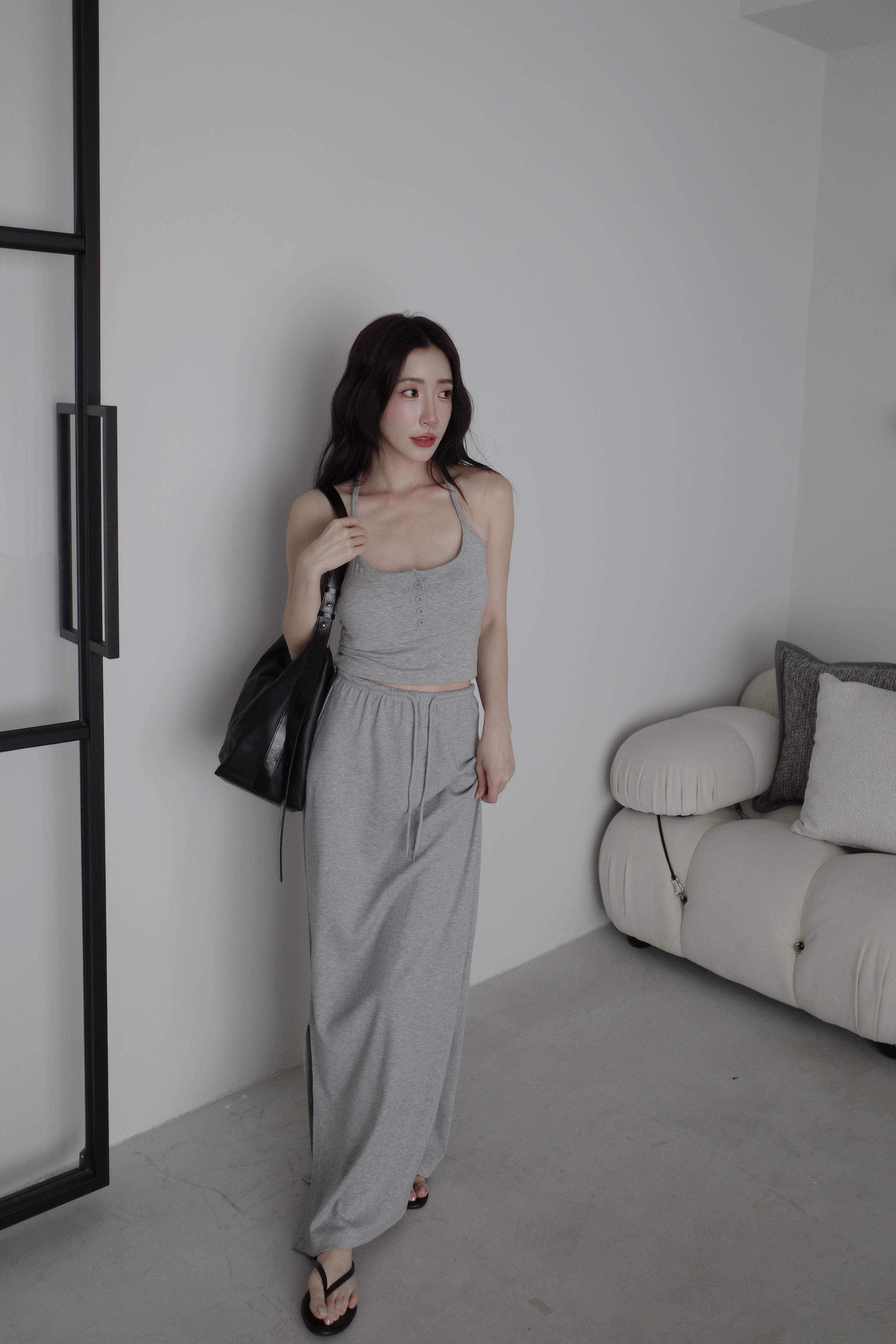 (預購)#AN59 側開岔抽繩長裙(黑/花灰)