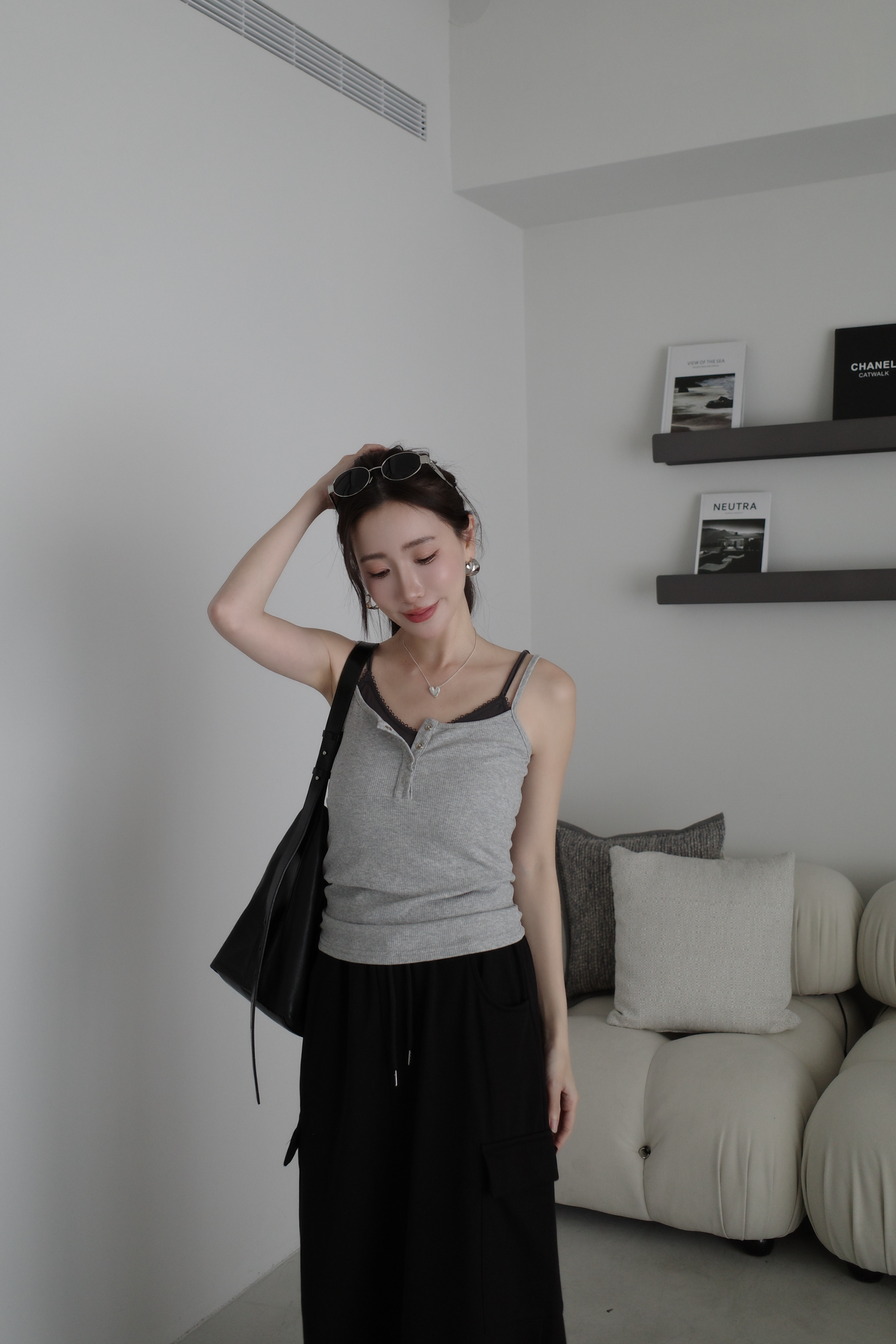 (預購)#AN57 假兩件彈力背心(黑/灰/白)