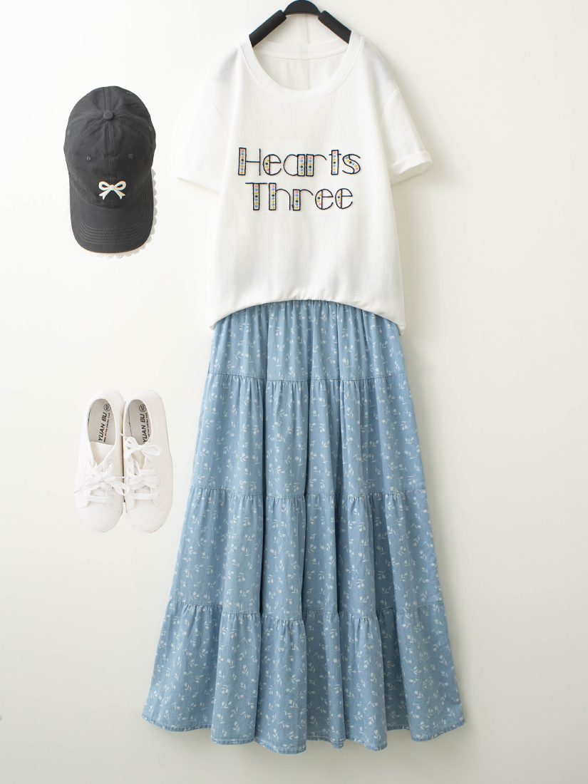 繡花字母短袖上衣碎花薄棉牛仔蛋糕裙組合