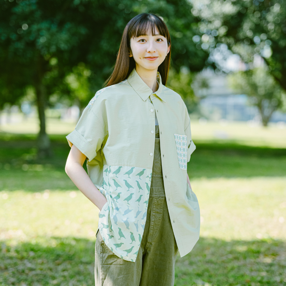 短袖拼接襯衫/台灣八哥/清爽綠