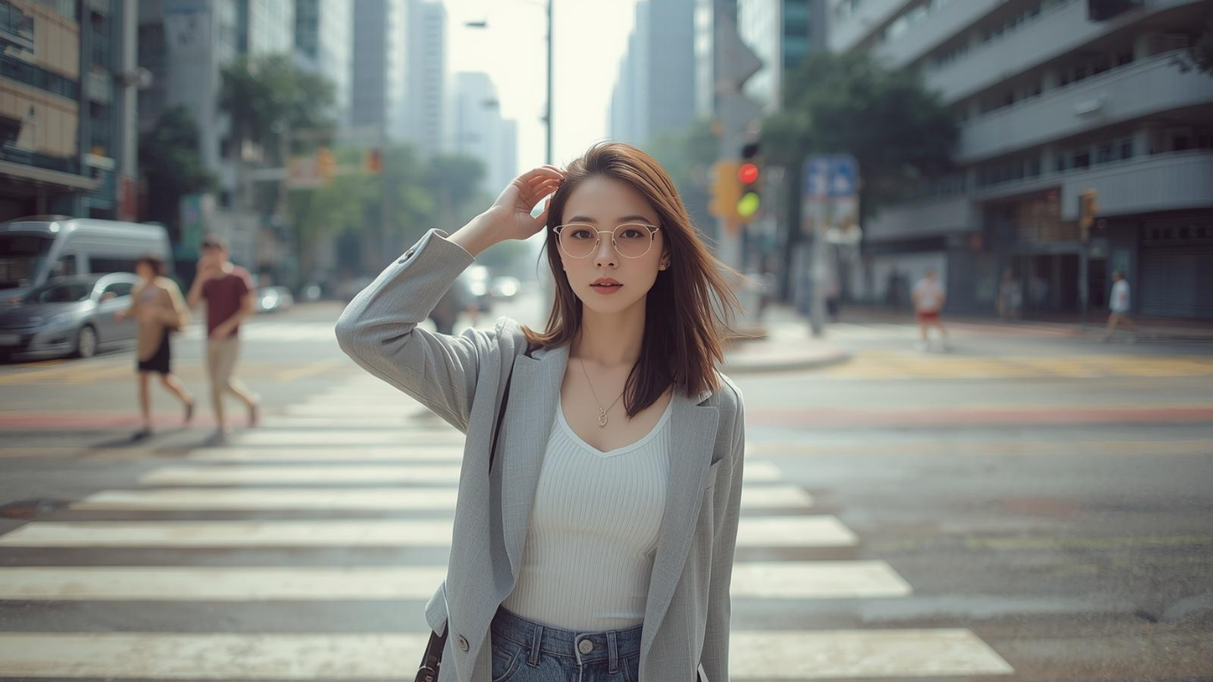 香港濕熱天氣下，一位穿著簡約優雅的年輕女生站在街頭，輕扶頭髮，背景是略帶薄霧的街景，呈現春夏交替時香港焗促黏悶的生活感畫面。