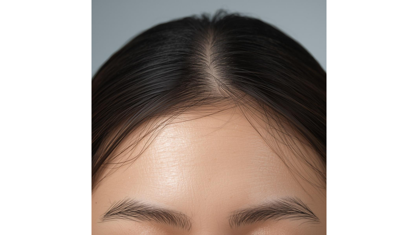 亞洲女生頭皮及髮線的近鏡照片，可見髮根略帶油光、髮絲偏幼細，呈現香港濕熱季常見「頭皮易出油、髮絲變幼」的狀態。