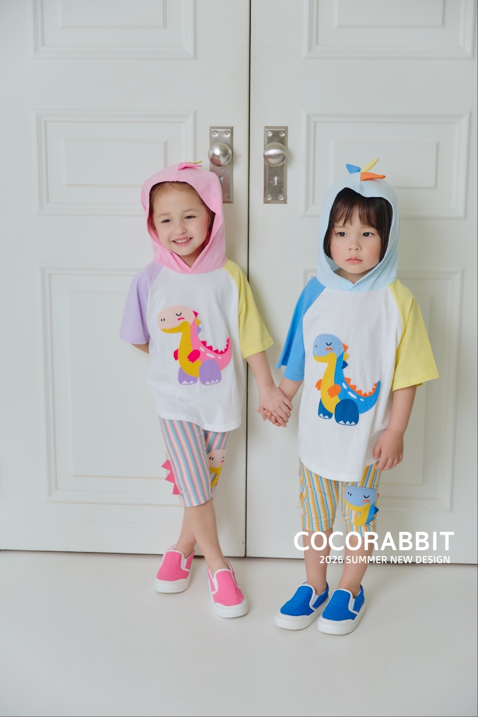 韓國🇰🇷COCORABBIT 繽紛恐龍連帽上衣＋直條內搭褲(S-2XL)