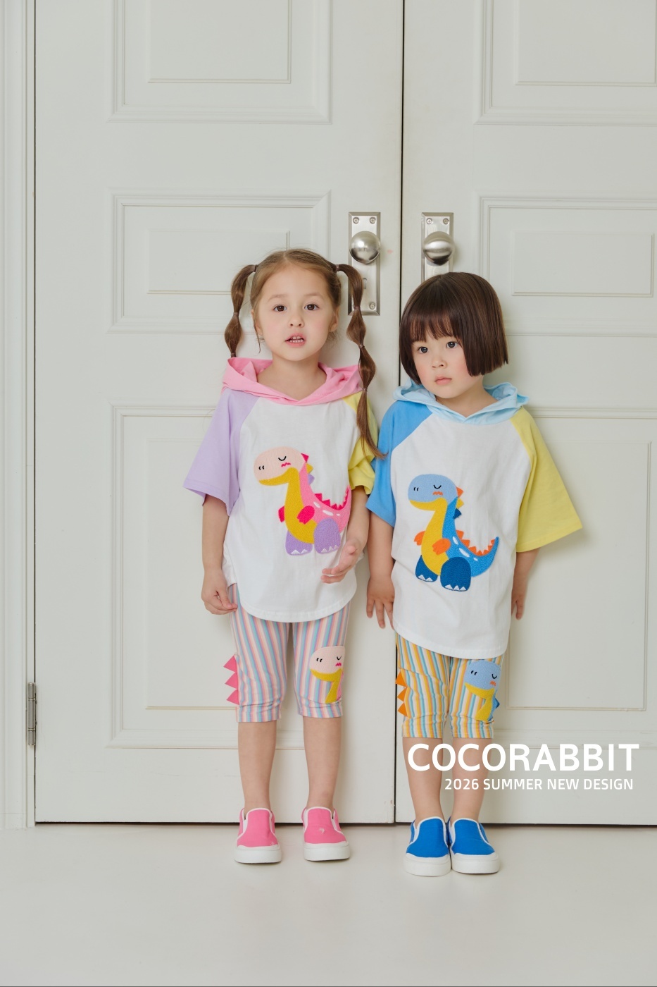 韓國🇰🇷COCORABBIT 繽紛恐龍連帽上衣＋直條內搭褲(S-2XL)