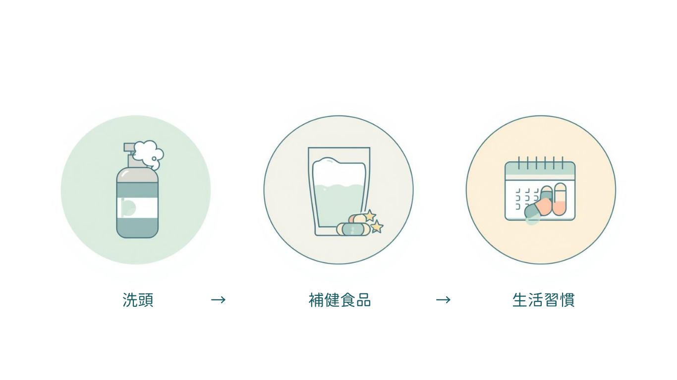 以扁平插畫呈現三個步驟小圖示：洗頭水瓶與泡沫代表溫和洗頭、膠囊與水杯代表內服補充品、日曆加小啞鈴及睡眠圖示代表調整日常習慣，簡潔地說明「洗頭 → 內服 → 生活習慣」三步養髮流程。