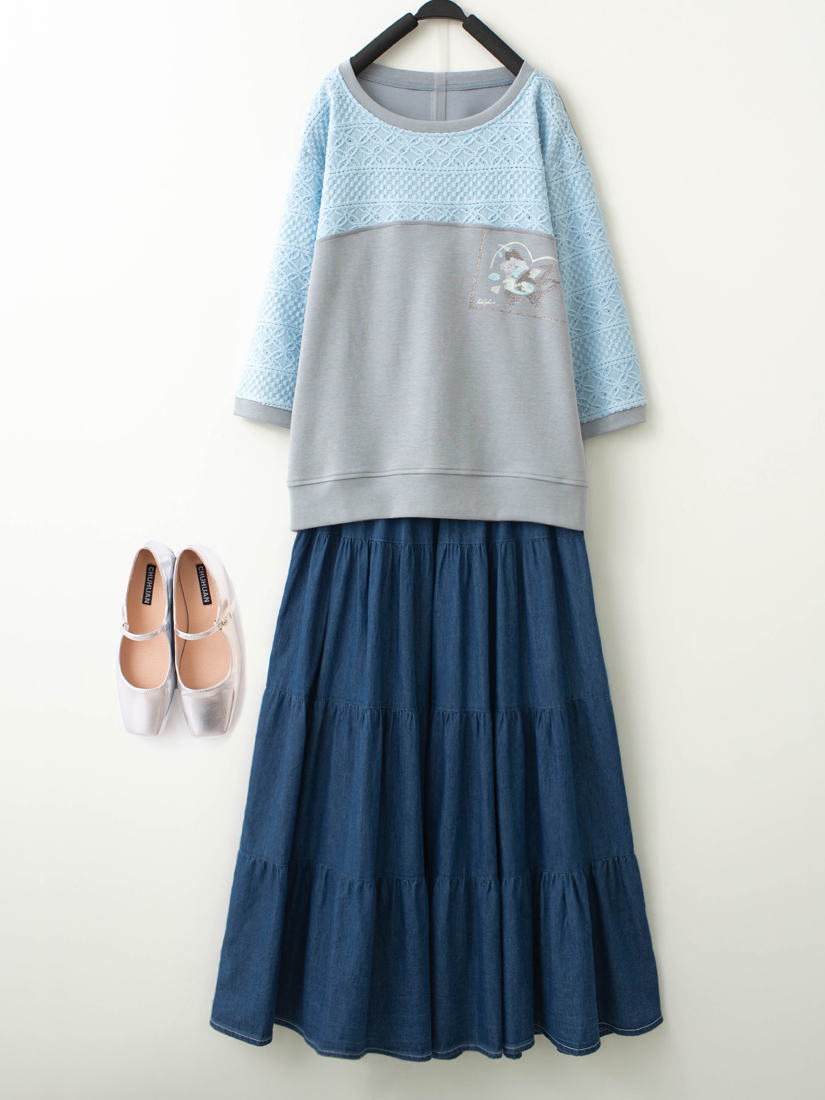 勾花蕾絲剪接上衣蛋糕薄棉牛仔長裙組合