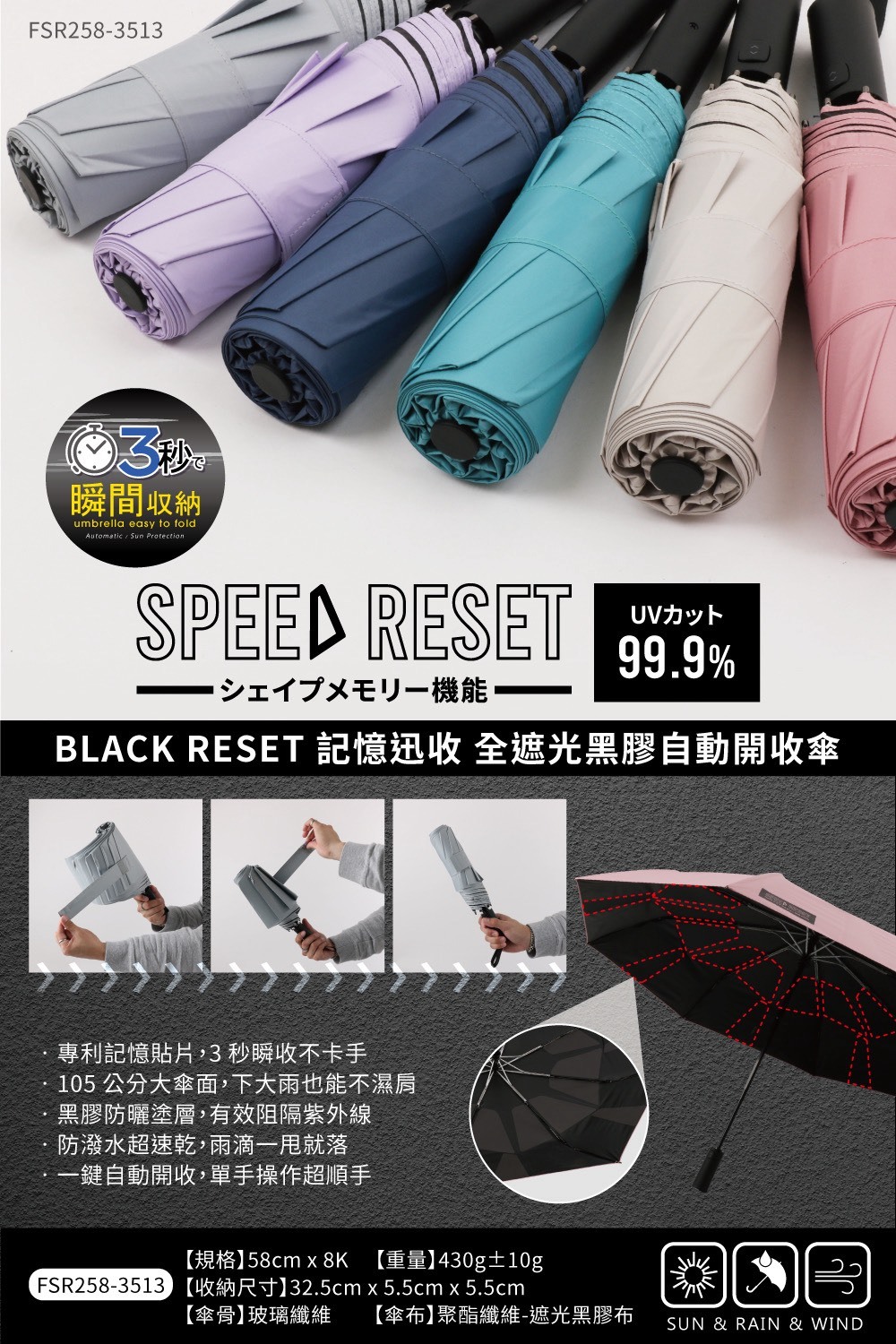 04/09直播 日本 BLACK RESET 三秒記憶迅收全遮光黑膠自動開收傘