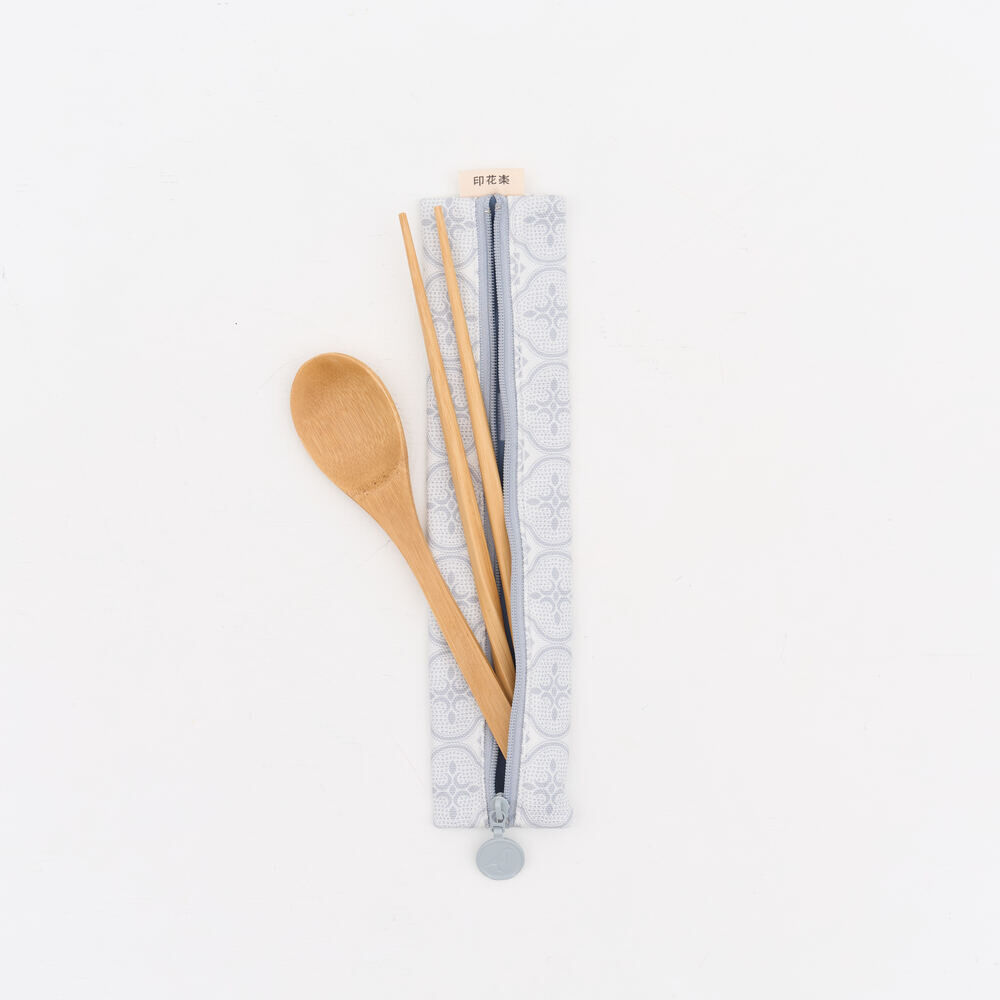 印花樂拉鏈餐具袋(含餐具)/玻璃海棠/寧靜灰藍