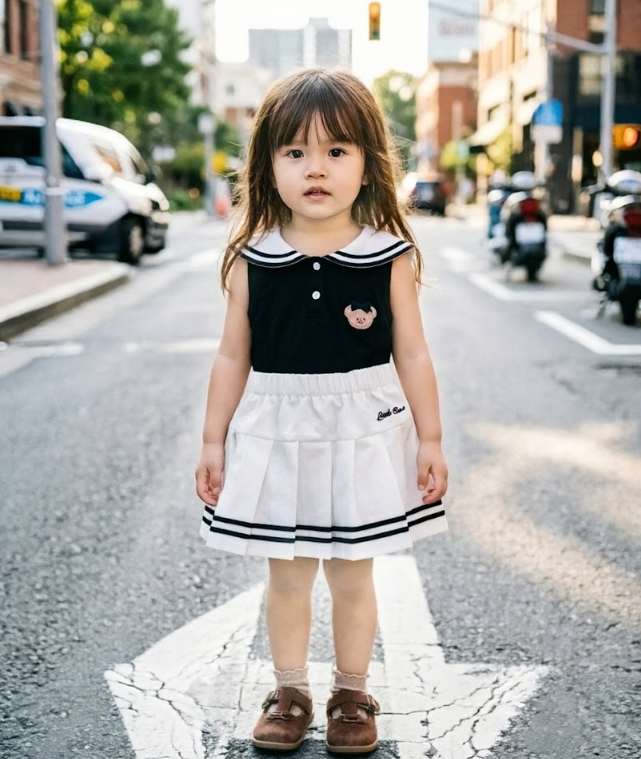 BYC04SE027BK 黑色學院風小熊水手背心套裝