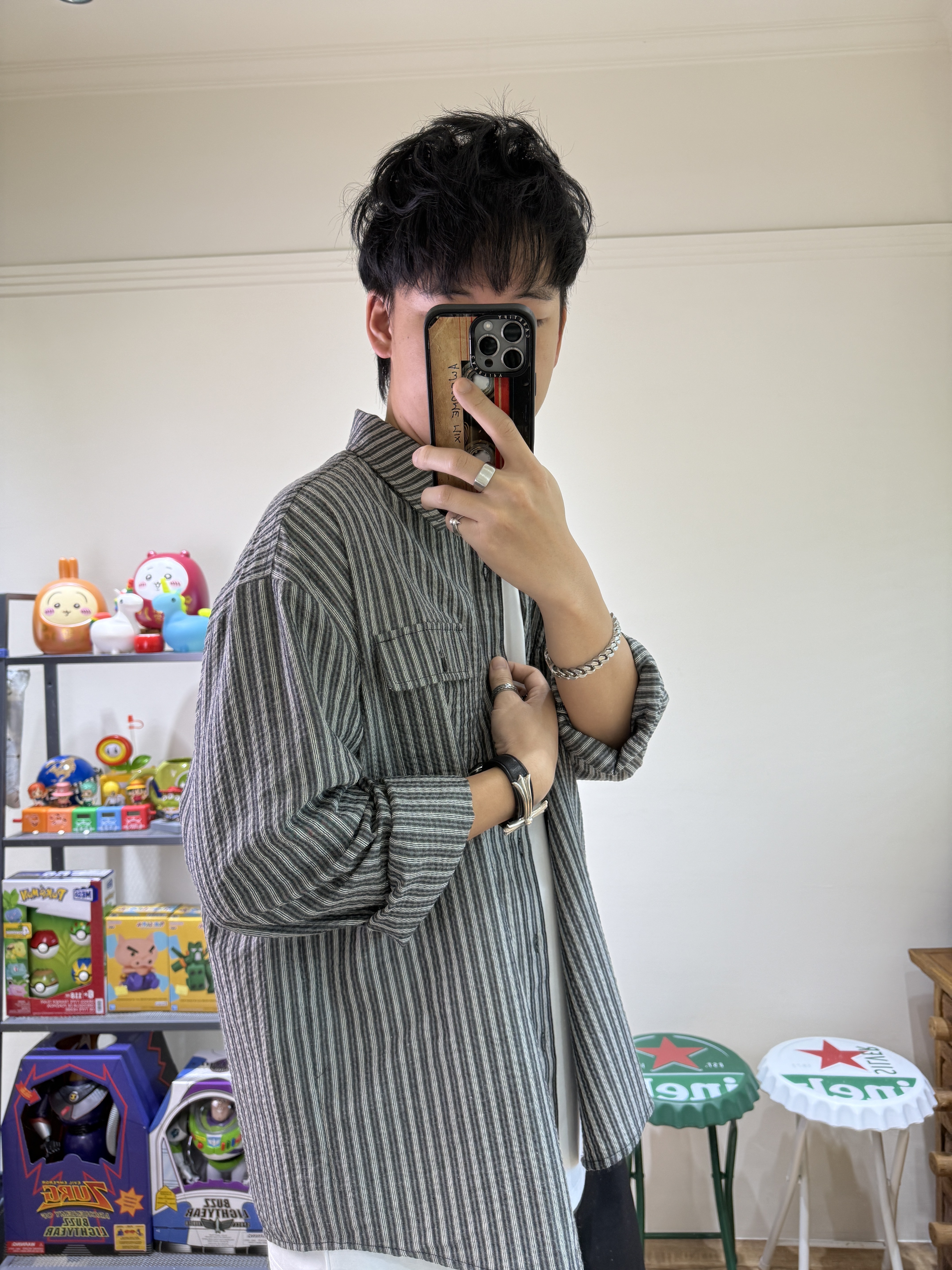 夏天福音泡泡紗條紋雙口袋襯衫(黑條紋)