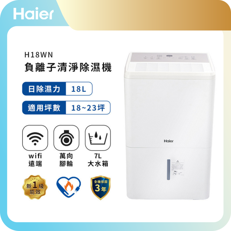 【Haier 海爾】18公升 一級能效 負離子清淨除濕機 H18WN