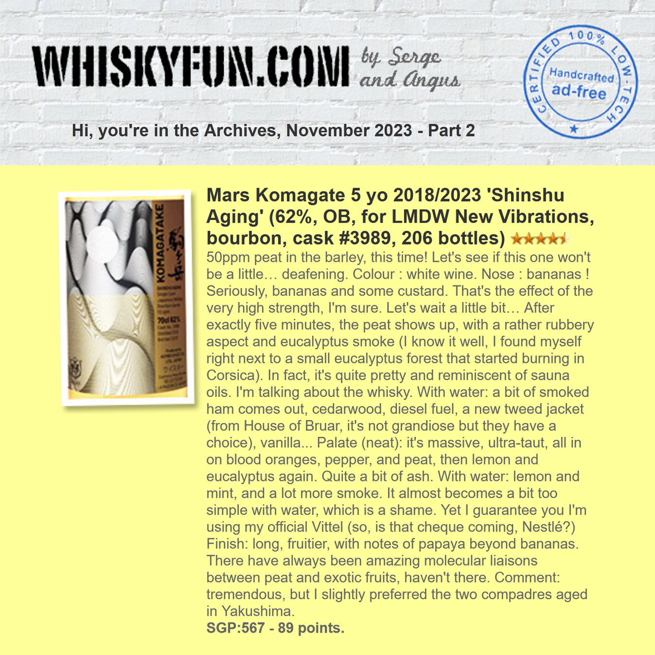 Mars Komagatake 駒ケ岳 Shinshu Aging #3989 Single Cask Japanese Whisky 62% (Selected By LMDW)