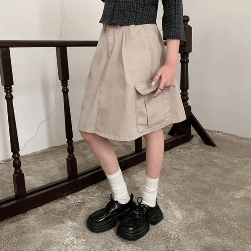 【15.4 完額外95折優惠！首批優惠價預訂】韓國大口袋休閒工裝裙（2色）