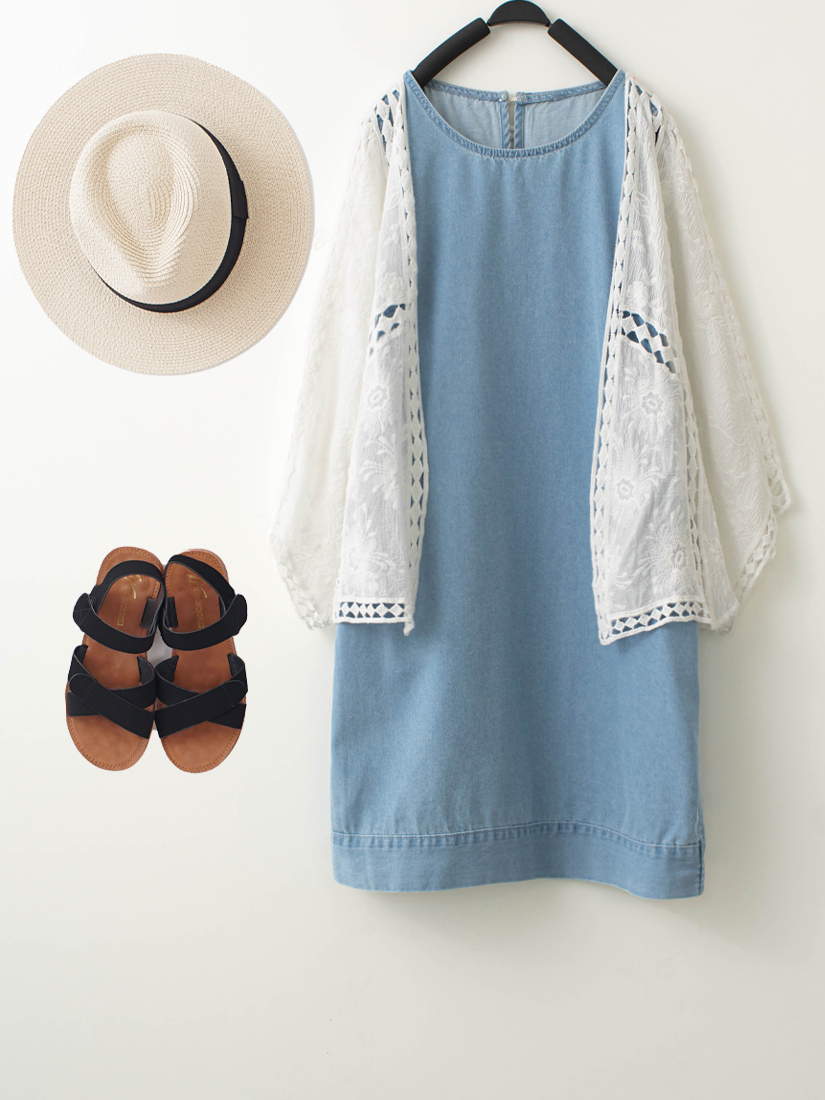 繡花簍空編織罩衫牛仔圓領背心裙洋裝組合