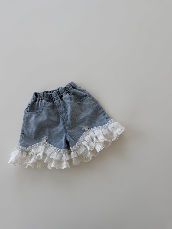 BYC04B041BL 獨角獸雲朵漫步蕾絲邊牛仔短褲