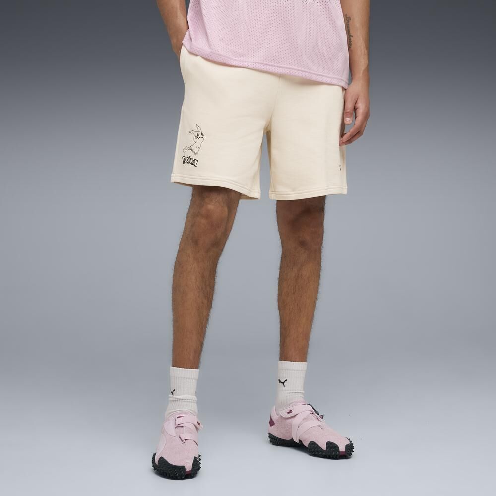 男款 PUMA X POKÉMON RELAXED 7" SHORTS 灰色 米色 皮卡丘 謎擬Q 寶可夢 聯名 純棉 抽繩 7吋 運動 短褲【634918】PMPOKÉ