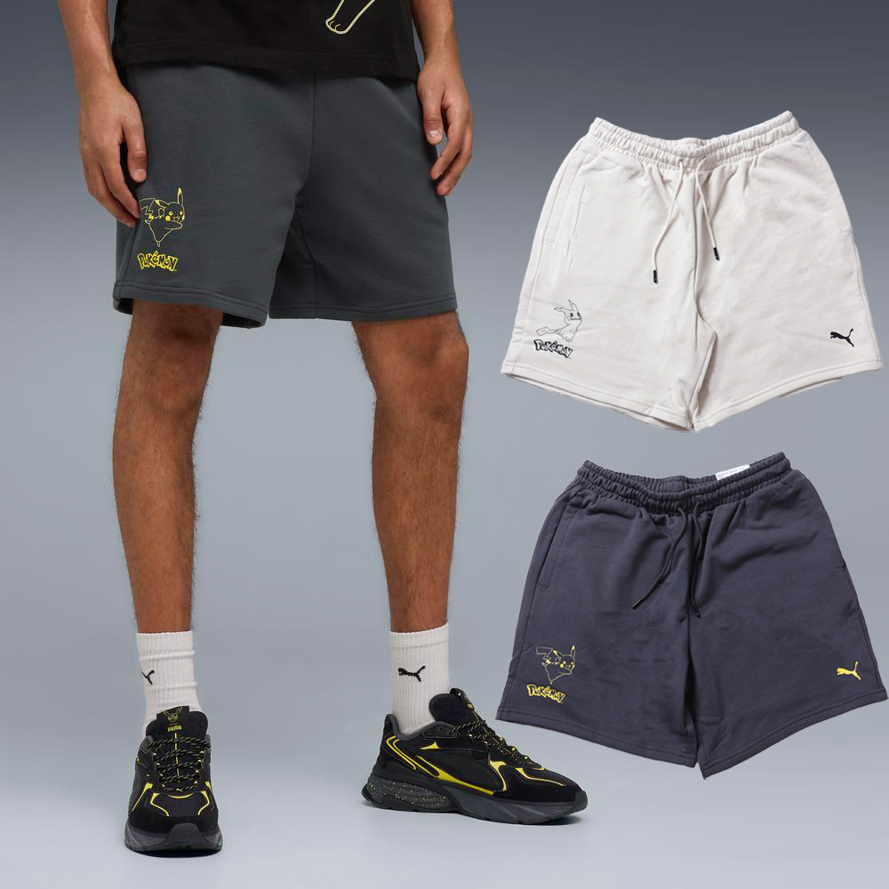 男款 PUMA X POKÉMON RELAXED 7" SHORTS 灰色 米色 皮卡丘 謎擬Q 寶可夢 聯名 純棉 抽繩 7吋 運動 短褲【634918】PMPOKÉ