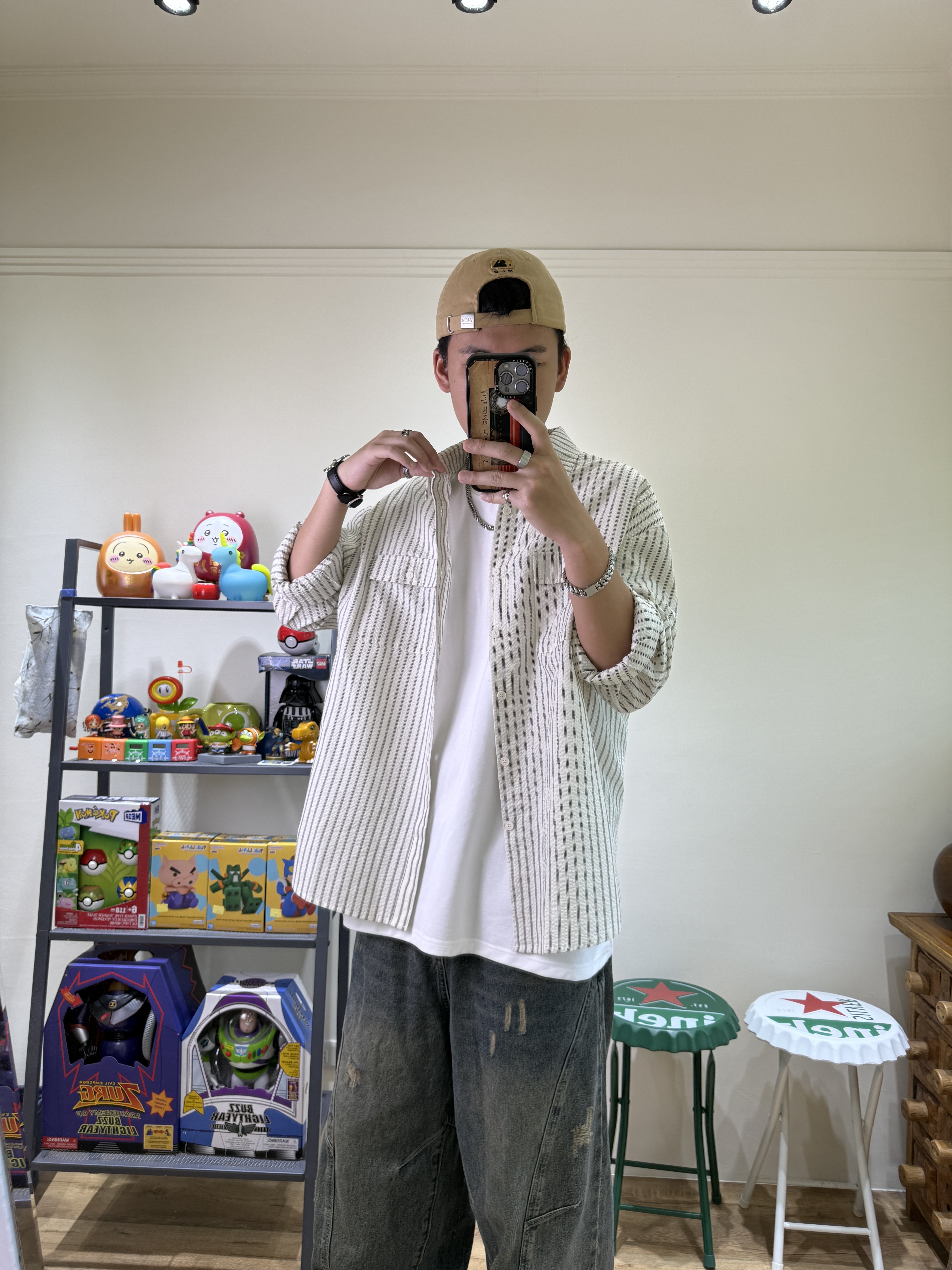 夏天福音泡泡紗條紋雙口袋襯衫(白條紋)